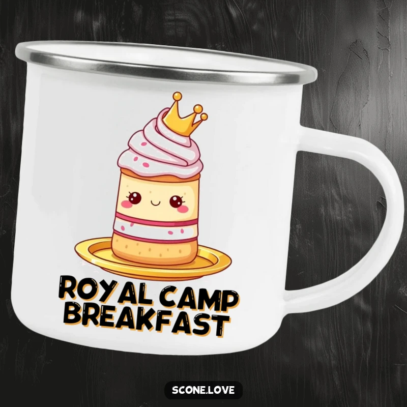 Funny camping mug with a scone wearing a tiny crown, presented on a golden platter, suitable for royal campers.