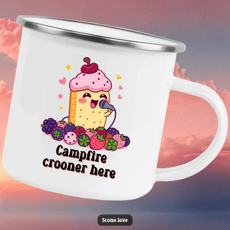 Funny scone singing with a microphone to berries, a humorous and sturdy camping mug.