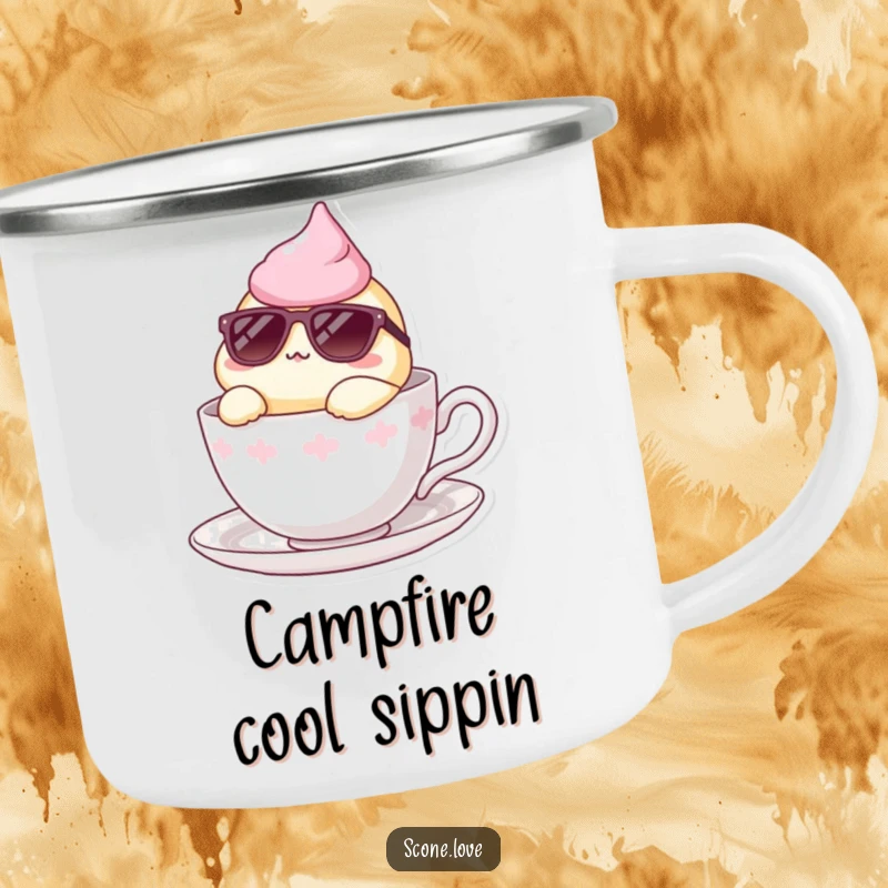 Funny camping mug showing a scone in sunglasses lounging in a teacup, ideal for relaxed outdoor moments.
