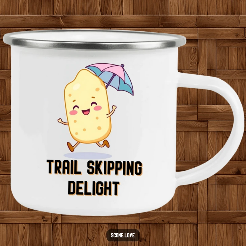 Funny smiling scone character skips with a tiny umbrella on this durable and charming camping mug.