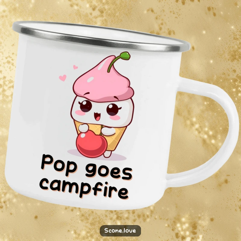 Funny Scone Surprise Camping Mug: A scone character looks surprised by a playfully popping cherry, adding humorous charm to outdoor drinks.