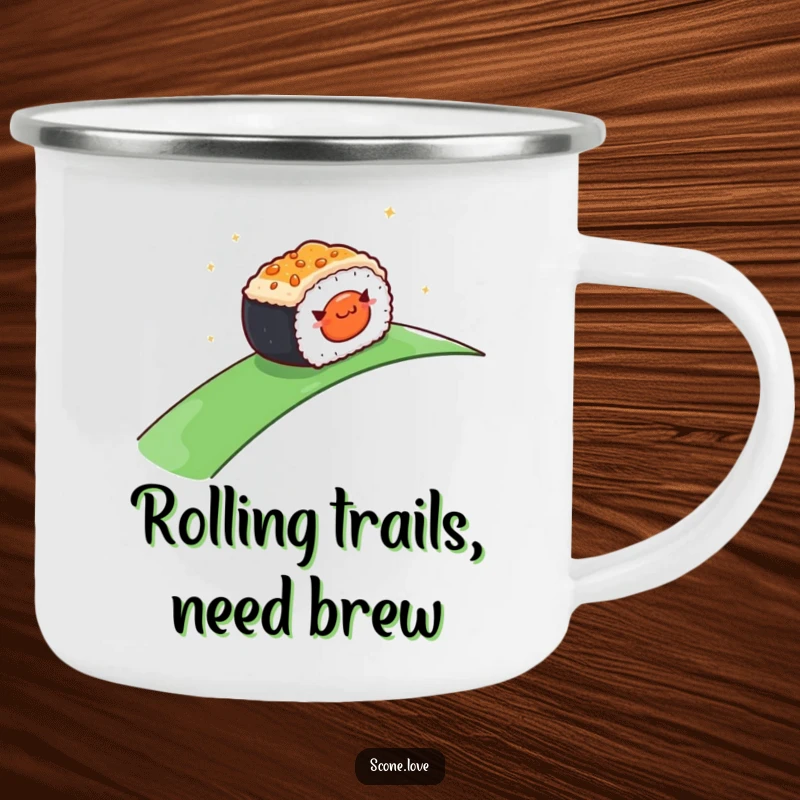 Funny Camping Mug: A smiling sushi piece rolling gently downhill, perfect for enjoying beverages outdoors with a smooth sense of style.