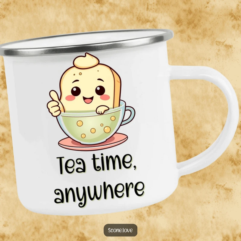 Funny Floating Scone Camping Mug shows a smiling scone giving a thumbs up while floating in tea, ready for outdoor fun.