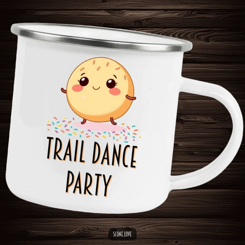 Funny Donut Camping Mug, depicting a smiling baked good dancing with tiny legs on sprinkles, perfect for enjoying happy moments outdoors.