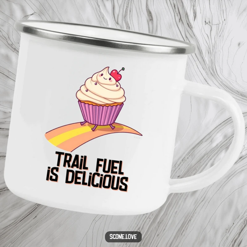 Funny camping mug featuring a happy cupcake with legs sliding down a rainbow, durable for adventures and bringing humor.