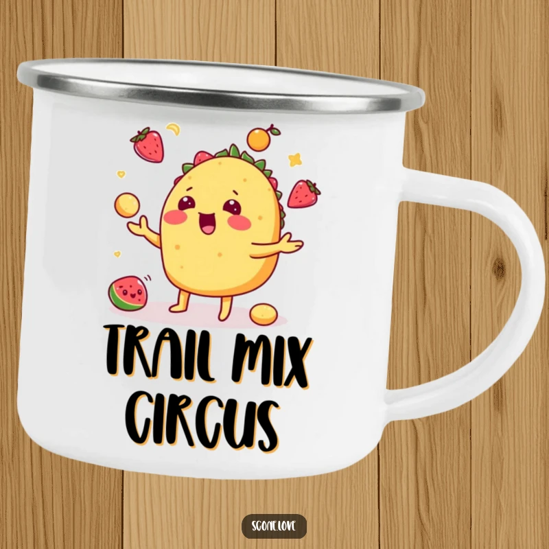 Funny taco camping mug featuring a playful taco juggling fruits, perfect for outdoor adventures and fiesta vibes.