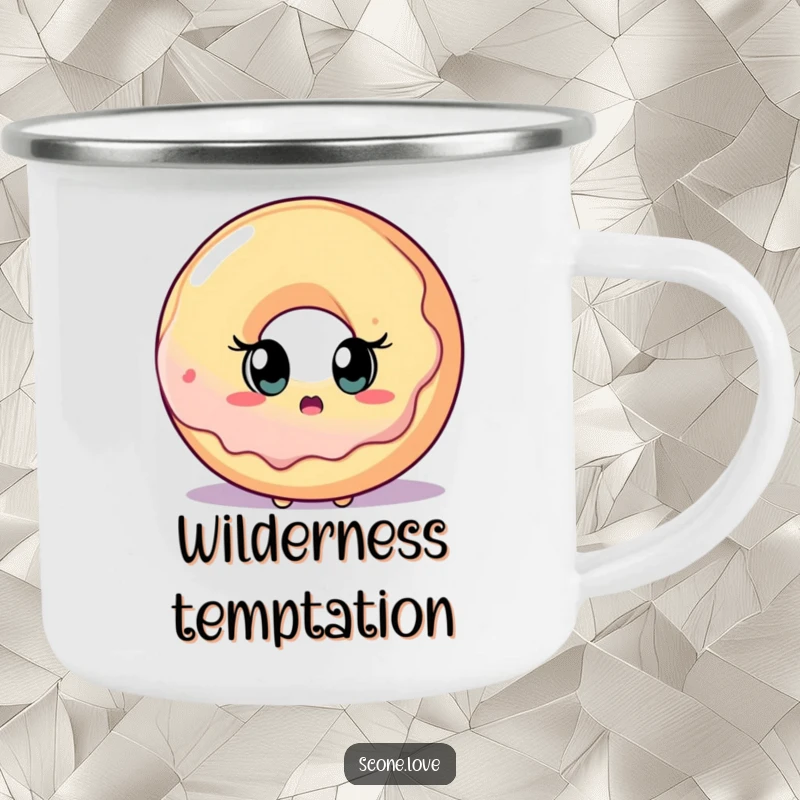 Rugged camping mug showcasing a funny scone character’s wide-eyed surprise upon seeing a massive donut.