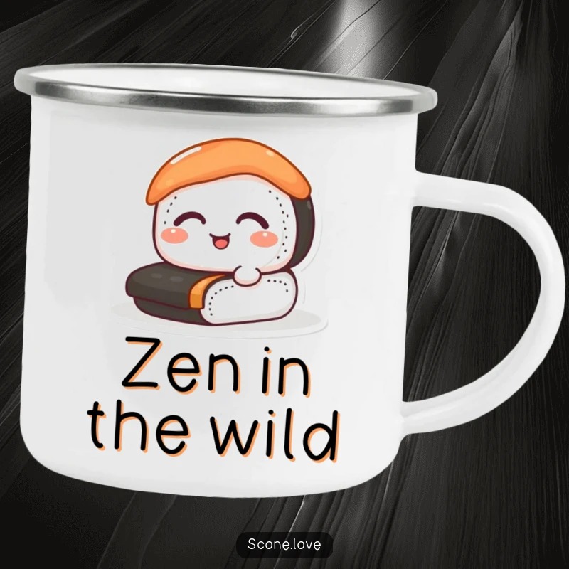 Funny sushi camping mug featuring a happy sushi roll, perfect for outdoor adventures and enjoying your favorite drinks.