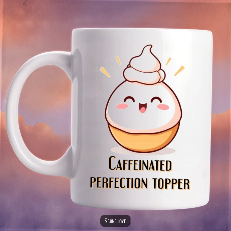 Funny Swirly Baked Good Mug, showing excited swirls balancing a dollop of cream on its head, a delightful and humorous treat.