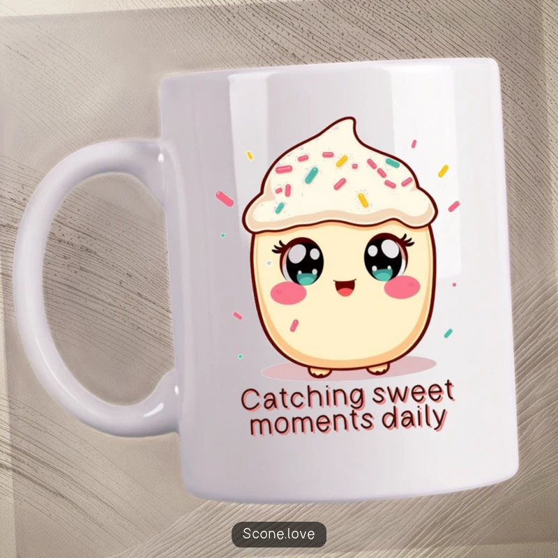 Funny mug with a kawaii scone character with big, surprised eyes, happily catching colorful falling sprinkles, a delightful baking-themed gift.