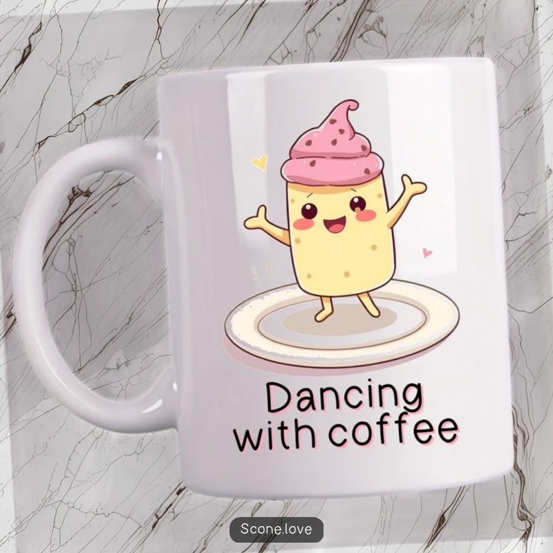 Funny mug with a kawaii scone character performing an energetic happy dance on a large white plate, a joyful baking-themed delight.
