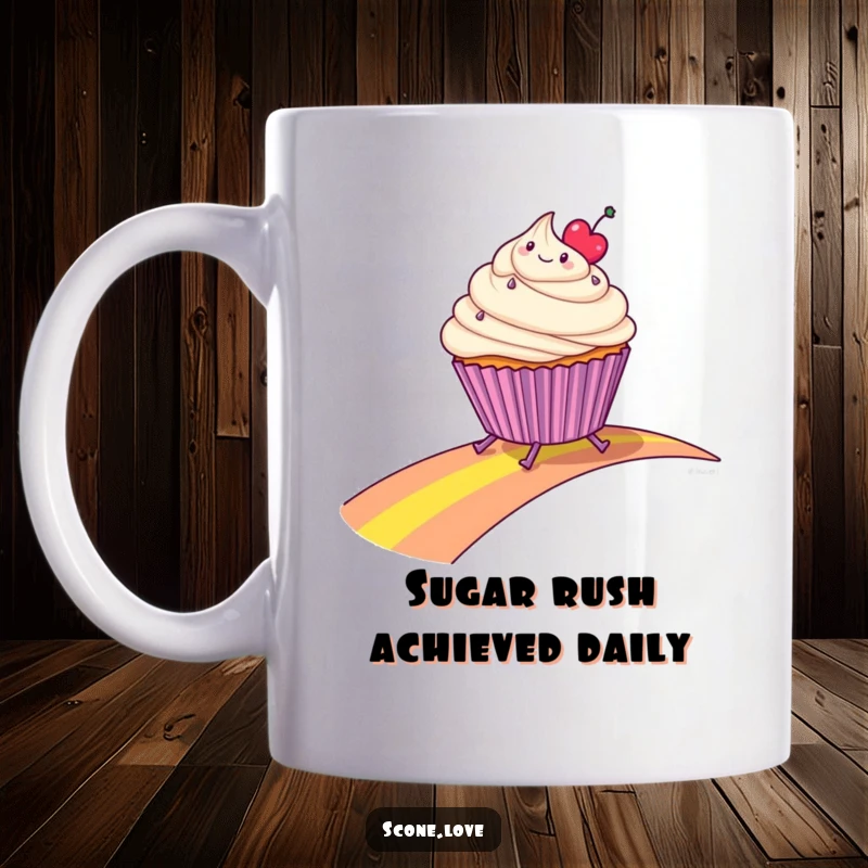 Funny mug featuring a smiling cupcake with tiny legs joyfully sliding down a vibrant rainbow path.