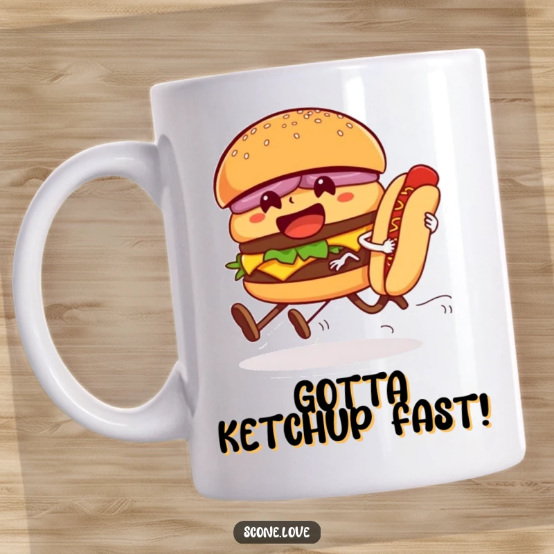 Funny mug showing a hamburger with legs sprinting ahead of a hot dog in a comical race, symbolizing speed and deliciousness.