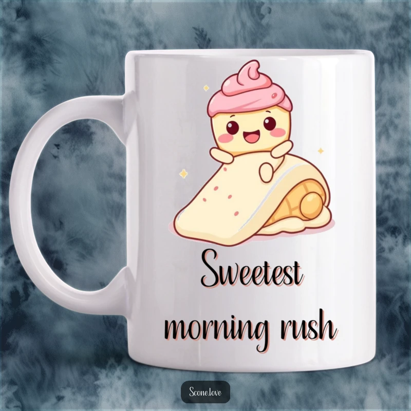 Funny Kawaii Scone with a wide, happy smile, gleefully sliding down a colorful frosting slide.