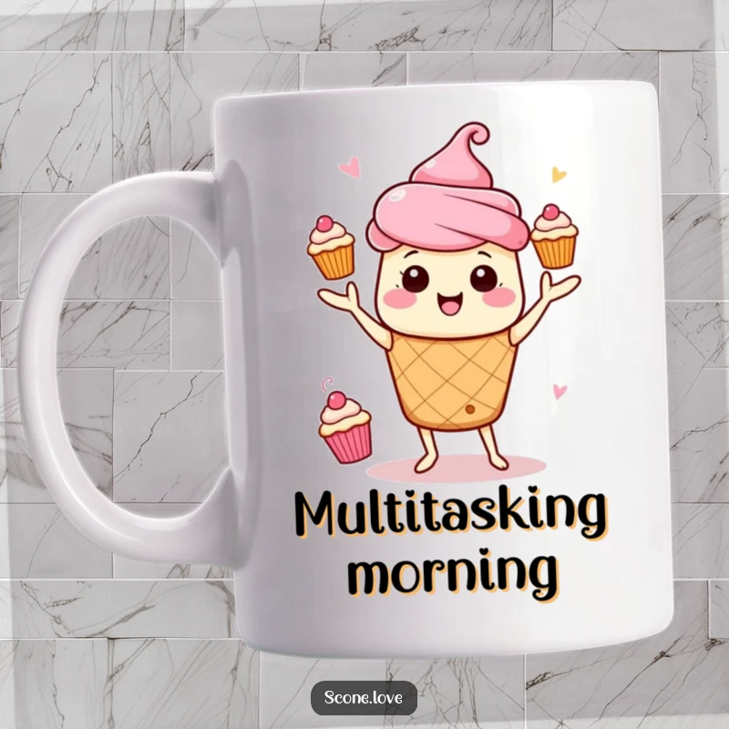 Funny Kawaii Scone Juggling Mug: A scone energetically juggles small cupcakes, showcasing impressive dexterity.
