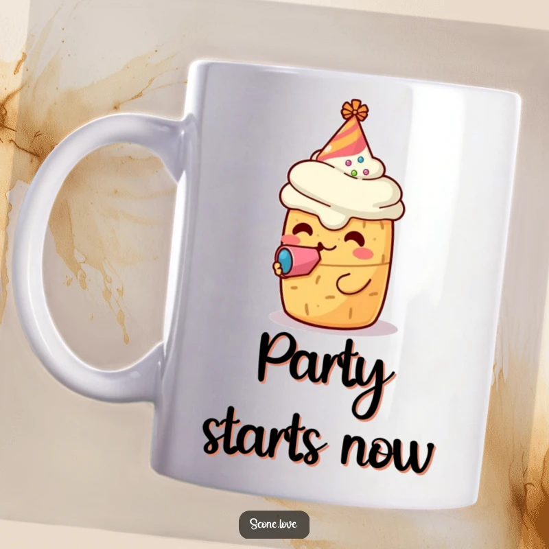Funny mug with a kawaii scone character wearing a tiny party hat and blowing a noisemaker, ready to celebrate with baked goods charm.