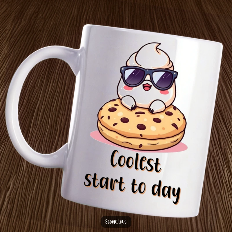 Funny Kawaii Scone wearing stylish sunglasses, relaxing casually on a huge cookie, exuding cool vibes.