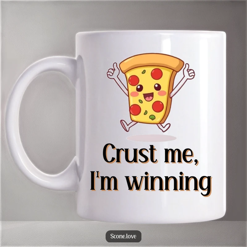 Funny mug shows a slice of pizza with arms raised, triumphantly running a victory lap, symbolizing delicious success.