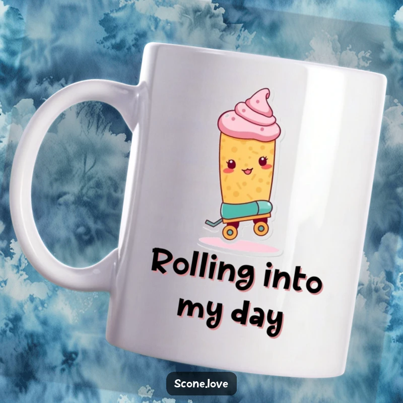 Funny Roller Skate Scone Mug shows a scone wearing one roller skate, poised and ready to attempt a trick with a determined look.