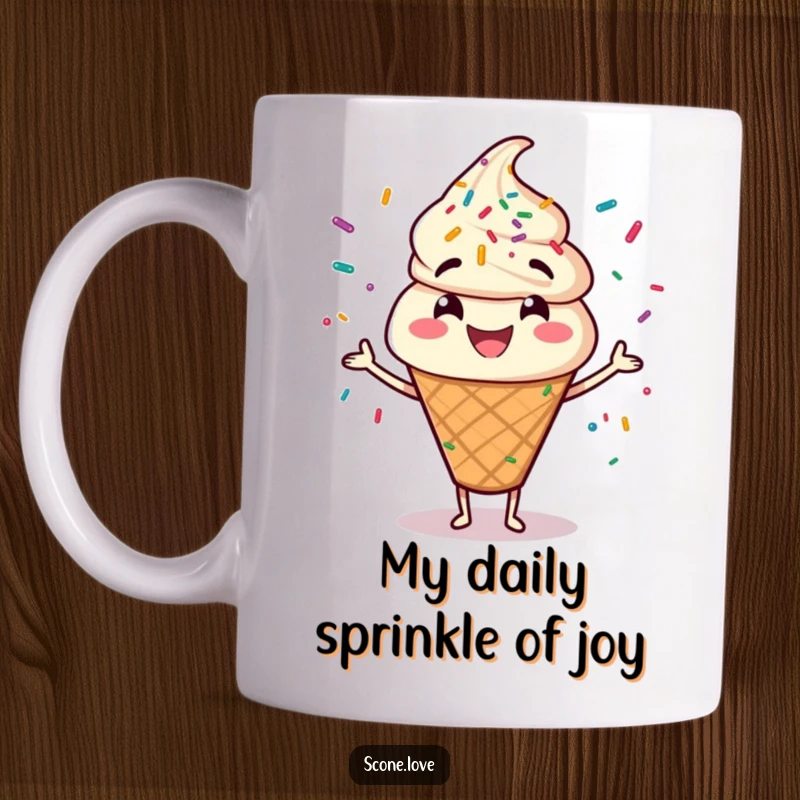 Funny mug featuring a cheerful scone character with a wide grin, expertly juggling colorful sprinkles with joy and enthusiasm.