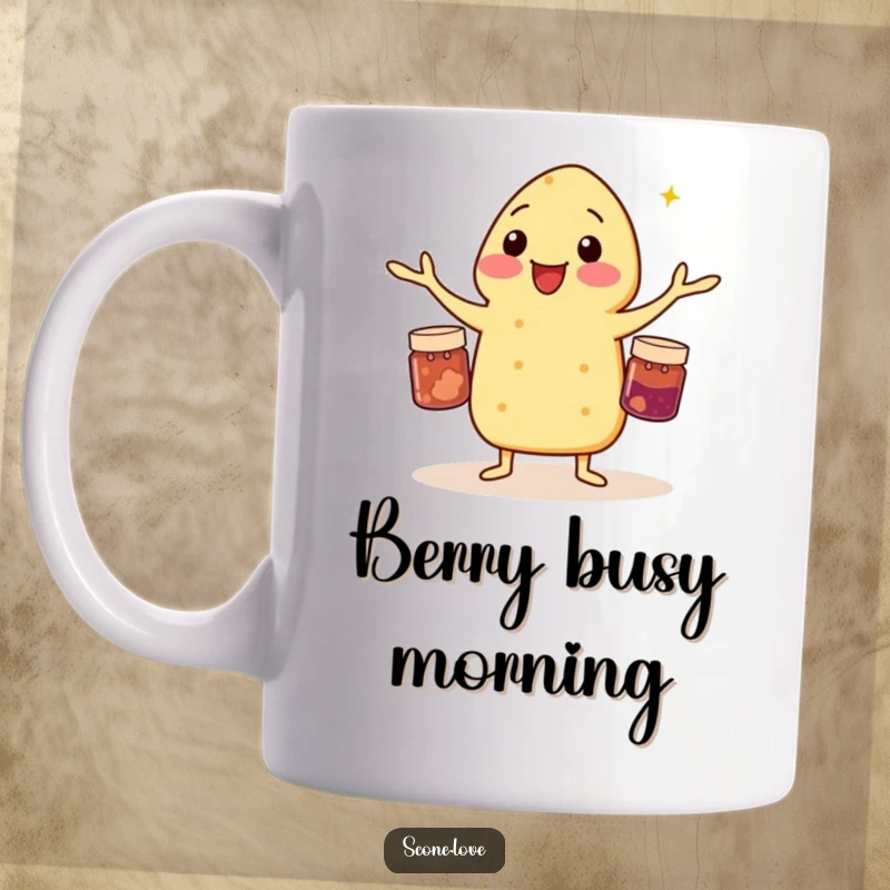 Funny mug showcasing a scone expertly juggling three small jam jars, celebrating baking skills with humor.