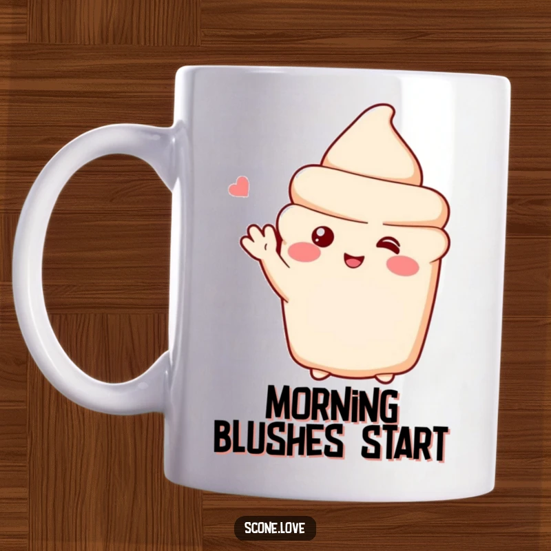 Funny mug featuring a blushing scone character waving shyly with a sweet smile, exuding warmth.