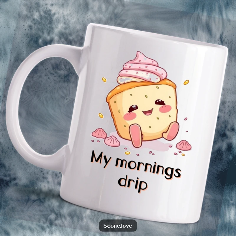 Funny scone mug showing a scone character comically tripping and scattering icing, perfect for anyone who loves baked goods and a good chuckle.