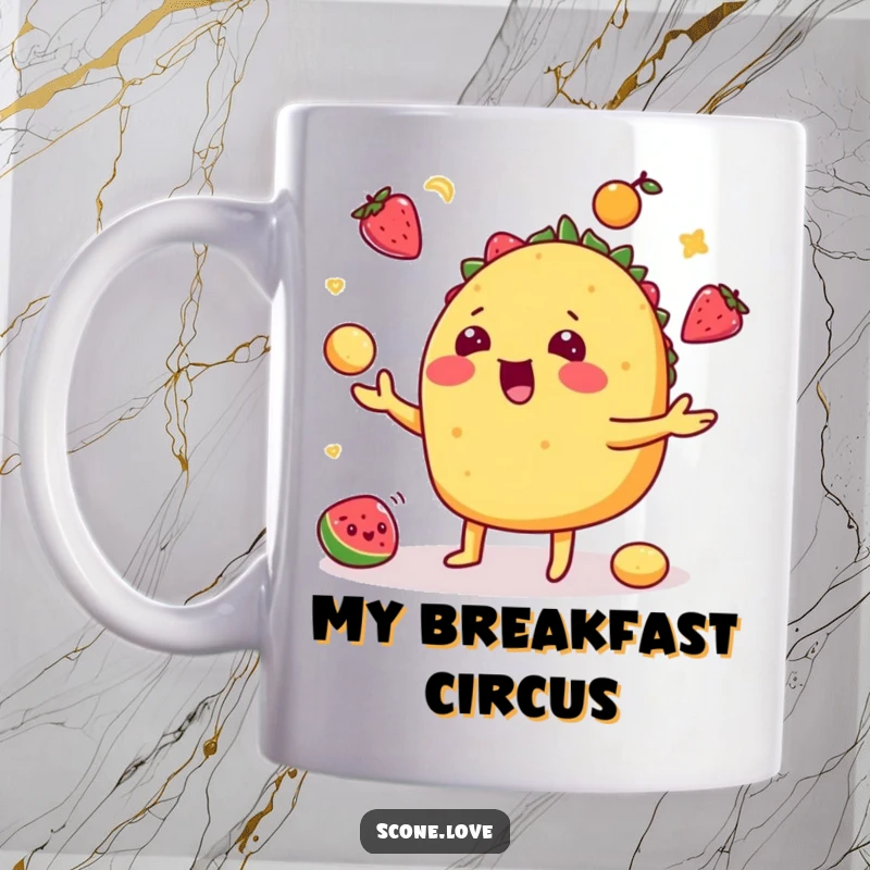 Funny taco mug depicting a playful taco juggling colorful fruits, perfect for foodies and gift-givers.