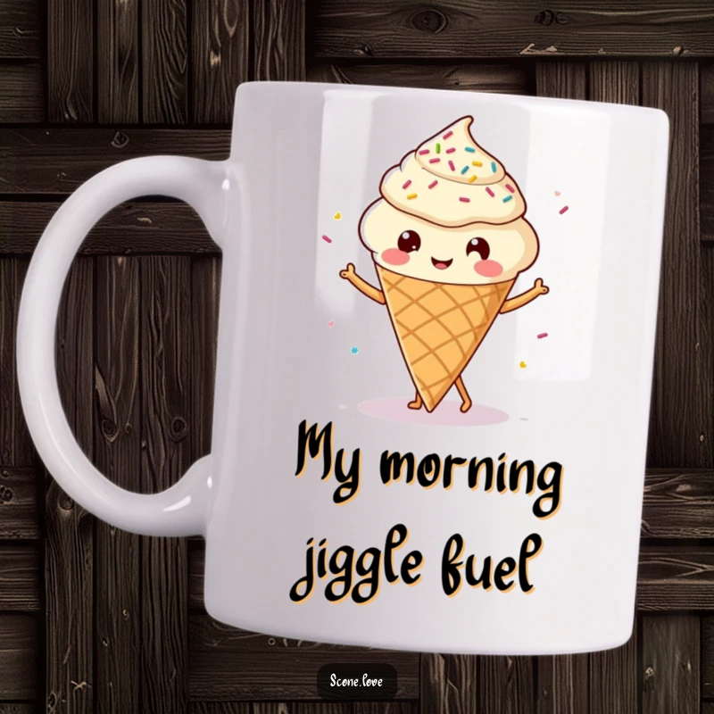 Funny Kawaii Scone Mug: A tiny legged scone happily dancing with vibrant sprinkles, full of joyful energy.