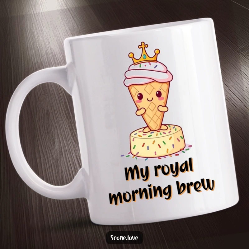 Funny Scone Mug: A majestic scone wearing a golden crown poses proudly atop a colorful sprinkle pedestal, exuding baked royalty.