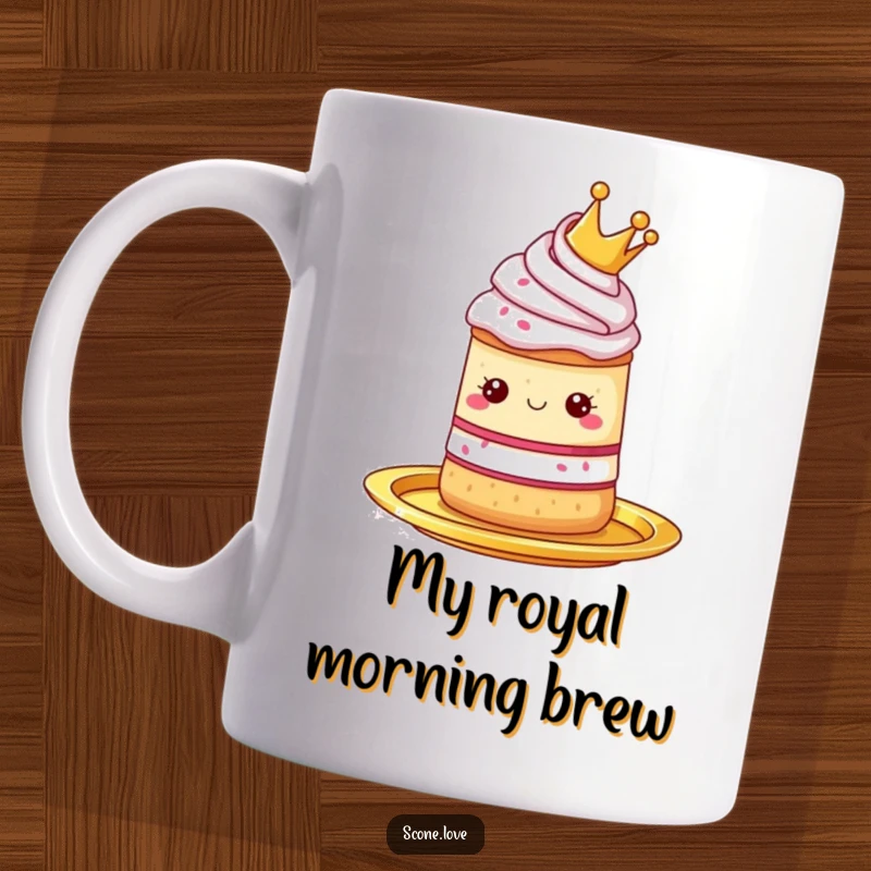 Funny mug with a scone wearing a tiny crown, presented regally on a golden platter, signifying a special treat.