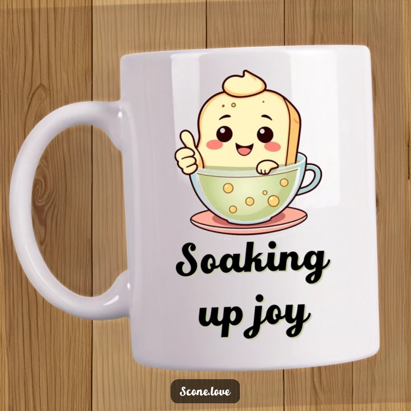 Funny Floating Scone Mug shows a smiling scone giving a thumbs up while floating happily in a cup of tea.