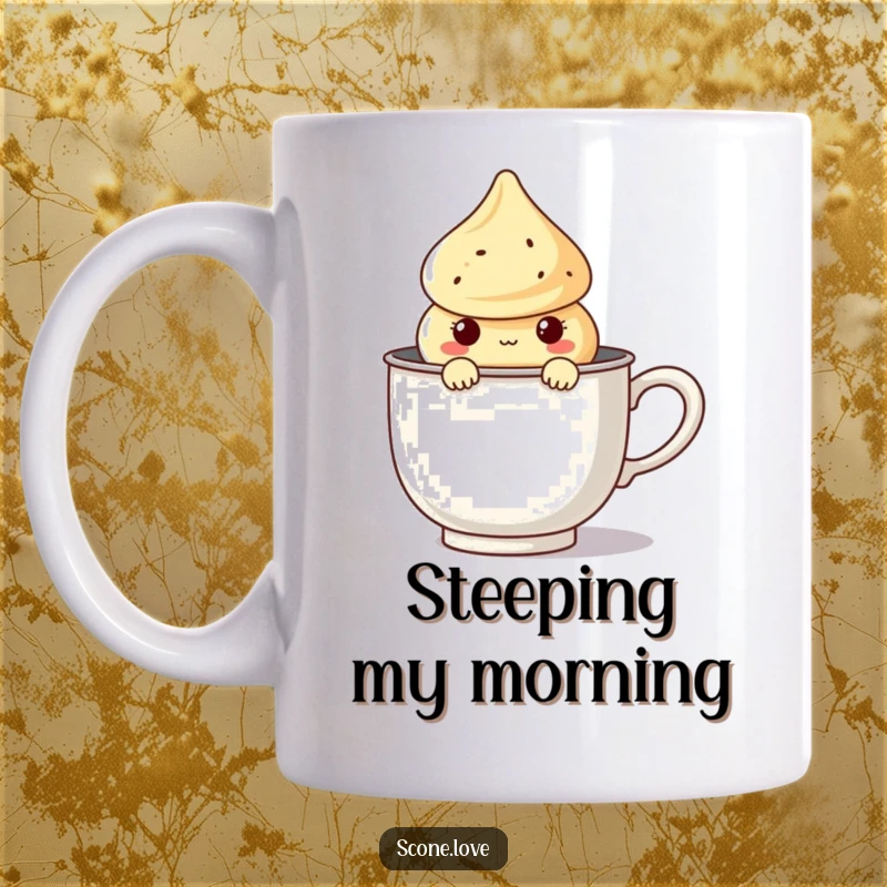 Funny Kawaii Scone Mug featuring a cute scone character peeking out playfully from a giant tea infuser, looking mischievous.