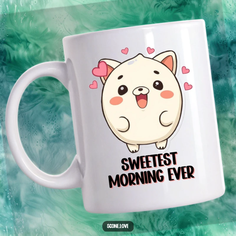 Funny Beaming Scone Mug: A scone character beams with love, hearts floating around its head, symbolizing affection and humor.