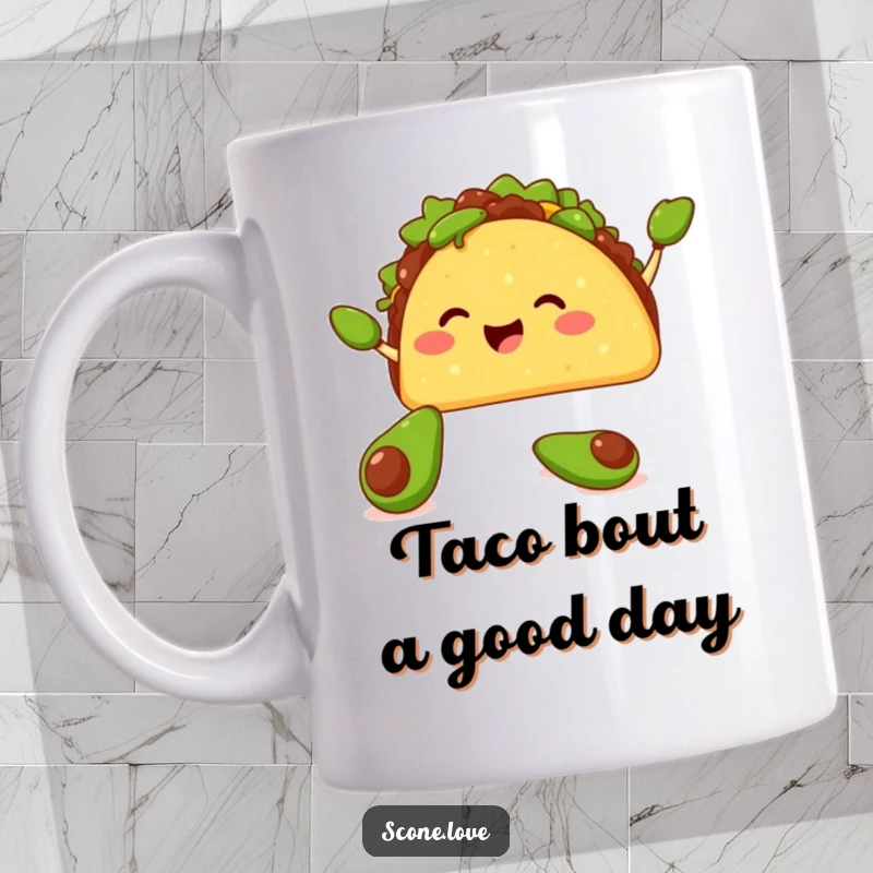 Funny mug featuring a happy taco enthusiastically juggling three tiny avocados with its shell, a fiesta of flavor and fun.