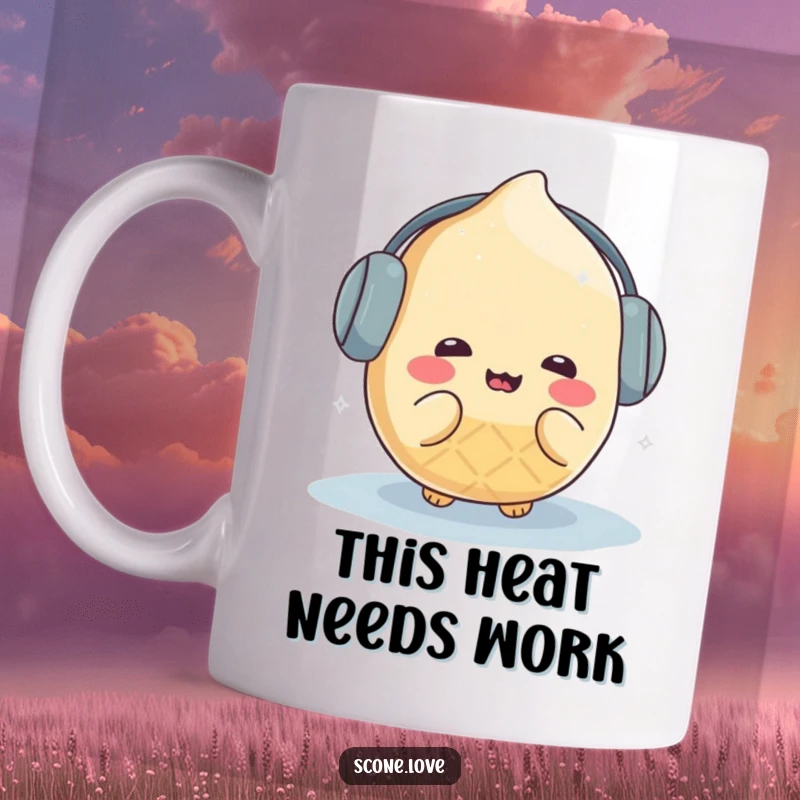 Funny kawaii scone character wearing earmuffs and shivering humorously in a snowy cold setting, illustrated on a mug.