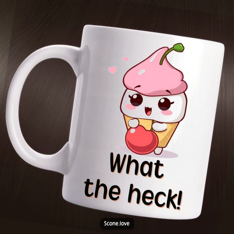 Funny Scone Surprise Mug: A scone character looks surprised as a cherry playfully pops near its face, depicting whimsical humor.