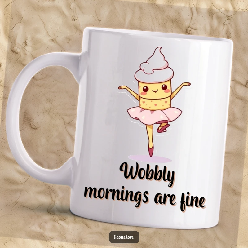 Funny kawaii scone character wobbles slightly while attempting a graceful ballet pirouette on this cute mug.