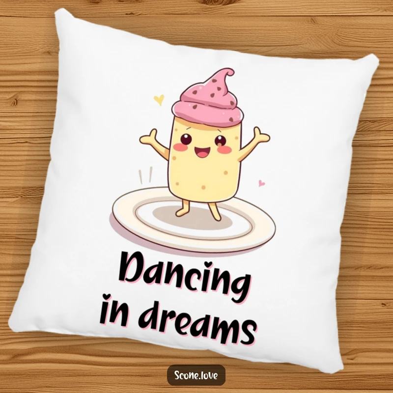 Funny pillow featuring a happy kawaii scone character dancing energetically on a large plate, providing plush comfort and a dose of baked goods joy.
