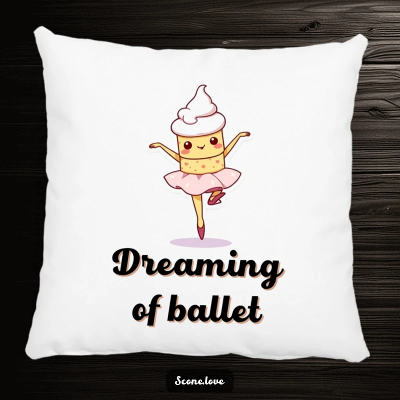 Funny kawaii scone character wobbling during a ballet pirouette, a charming and soft accent for this pillow.