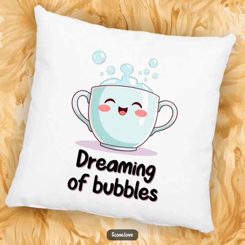 Funny teacup pillow featuring a smiling teacup pouring out bubbles, offering cozy comfort and whimsical decor.