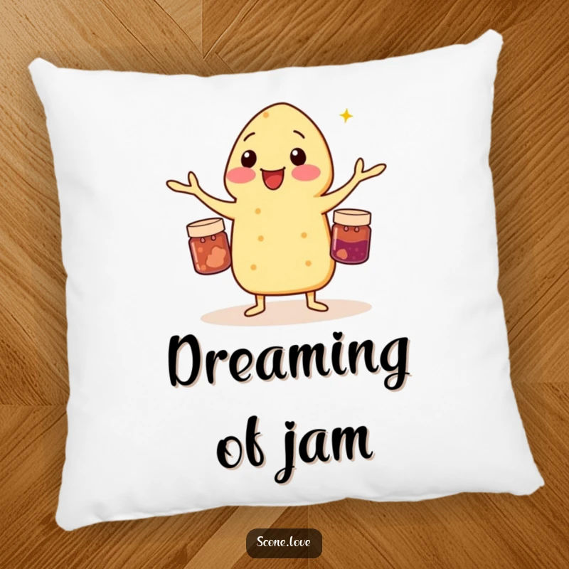 Funny pillow displaying a scone juggling three small jam jars, adding a playful touch to any room.