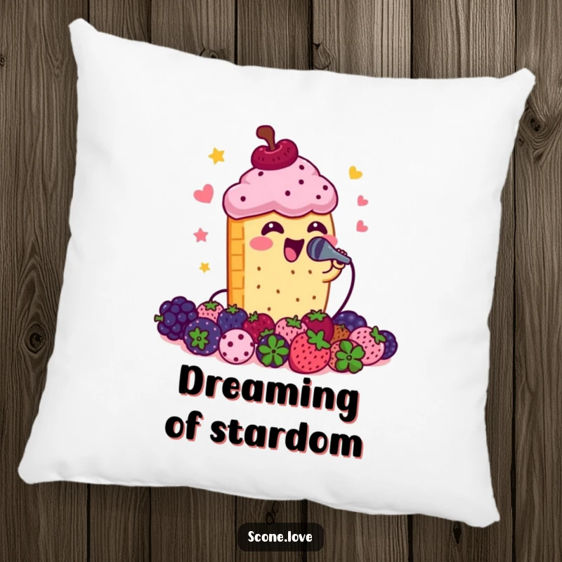 Funny scone singing into a microphone with a crowd of berries, a humorous and soft pillow.