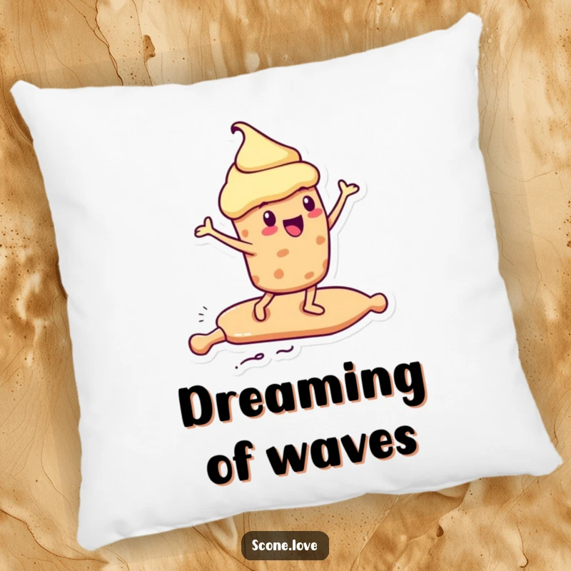 Funny Kawaii Scone Pillow: a scone excitedly surfs on a rolling pin, perfect funny gift.