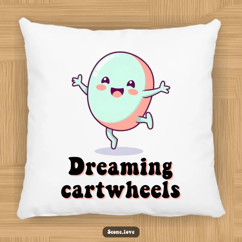 Funny candy pillow featuring a grinning candy doing a cartwheel, great for sofas and adding sweet comfort.
