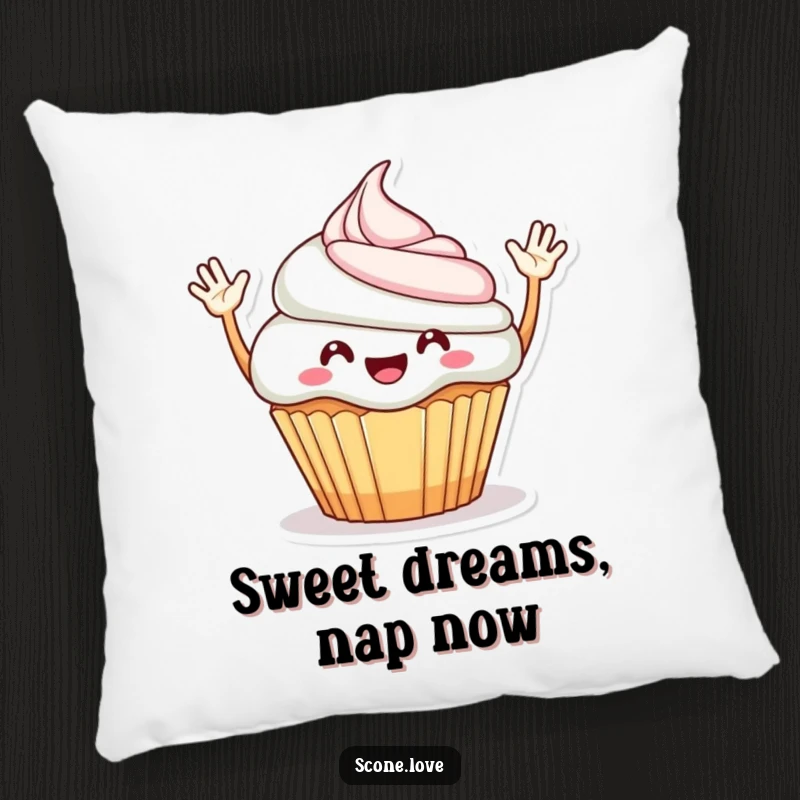 Funny Pillow: A soft cushion featuring a happy cupcake with waving arms, offering comfort and a sprinkle of cheerful delight.