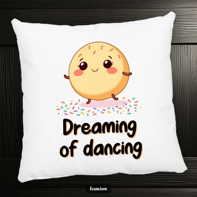 Funny Donut Pillow, showing a smiling baked good dancing with tiny legs on sprinkles, offering soft comfort and cheerful pastry art.