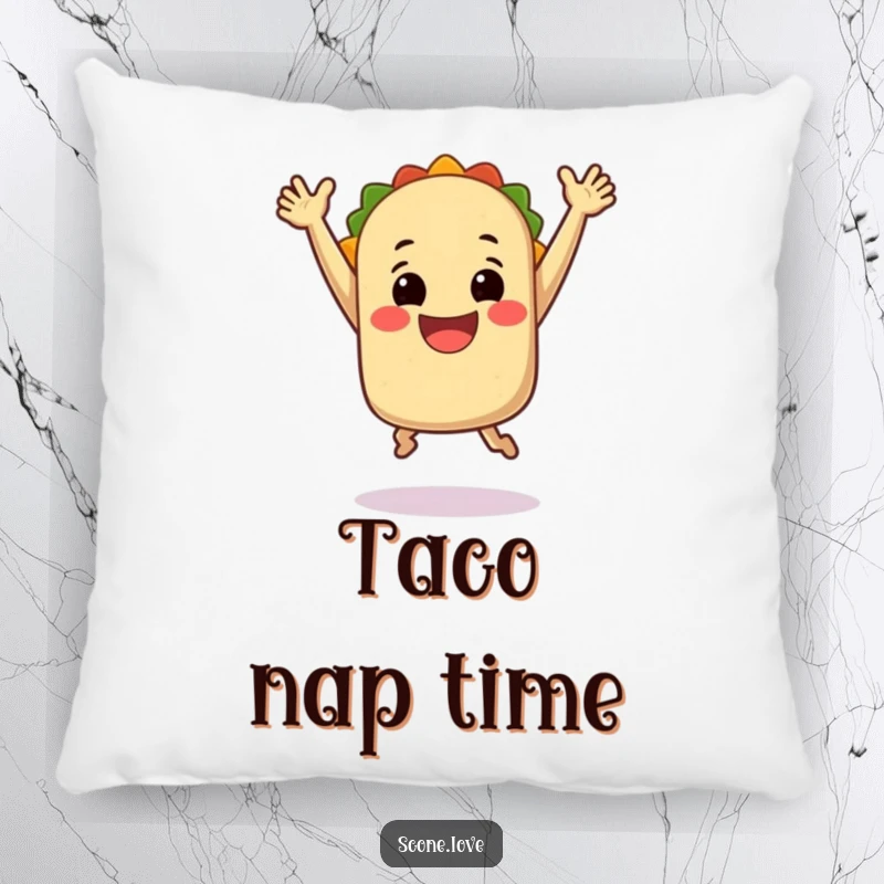 Funny Pillow: A soft cushion featuring a smiling taco leaping with arms up, offering comfort and a sprinkle of fiesta fun.