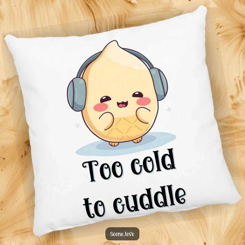 Funny kawaii scone character wearing earmuffs, humorously shivering in the cold, depicted on a soft, decorative pillow.