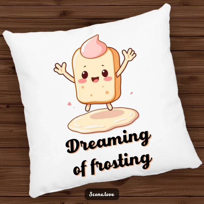 Funny Kawaii Scone Pillow: a scone waves while leaping over a frosting puddle, perfect funny gift.